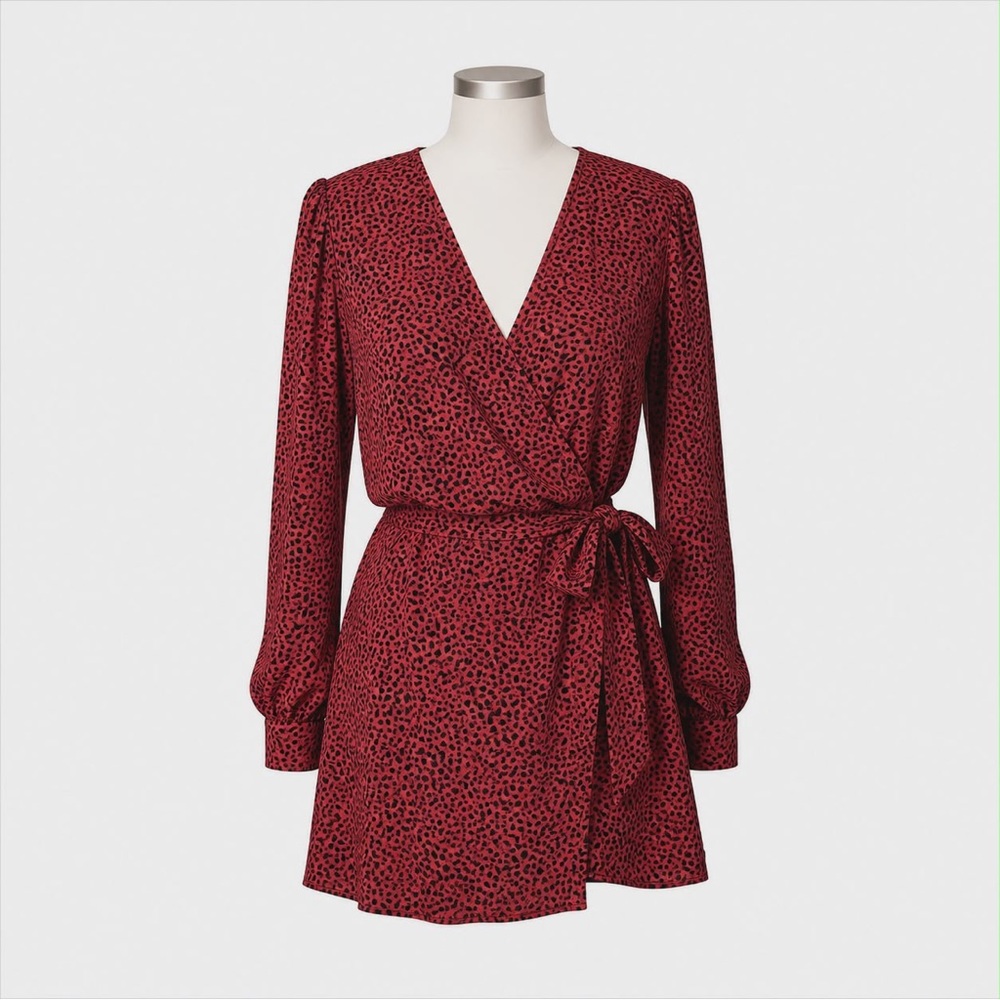 NWOT. 10. Free People Kinsley Wrap Dress in Red with Black 
“Ditzy Floral” Print